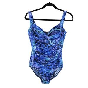 Trimshaper Avery Swimsuit size 10 One piece Blue Snake Print‎ Built In Shelf Bra